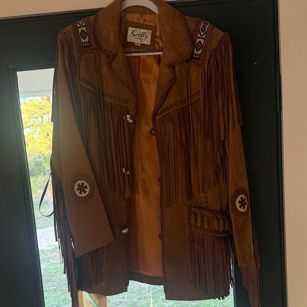 Scully Brown Suede Fringe Coat with Beaded Shoulder Accents